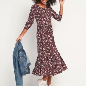 Old Navy Maroon Floral Print Maxi Tier Dress